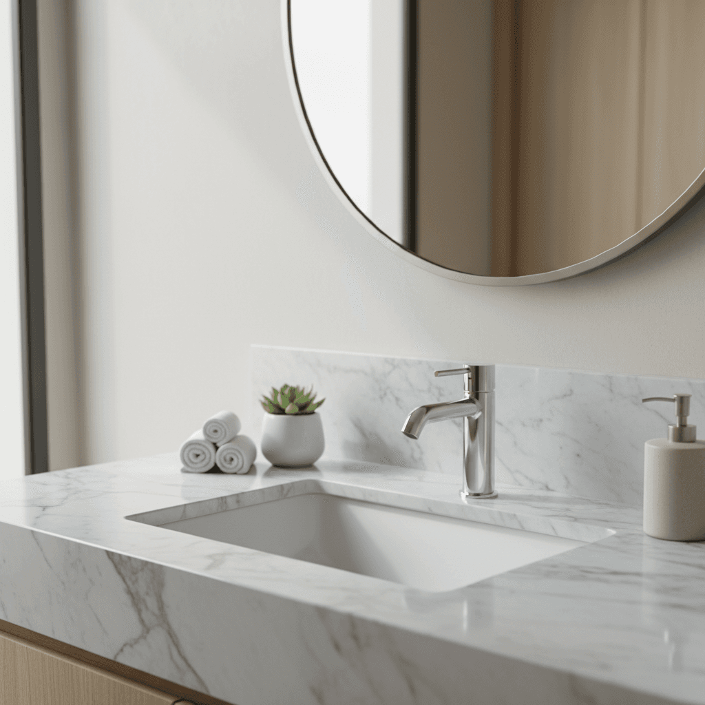 Modern bathroom vanity with marble countertop and contemporary fixtures