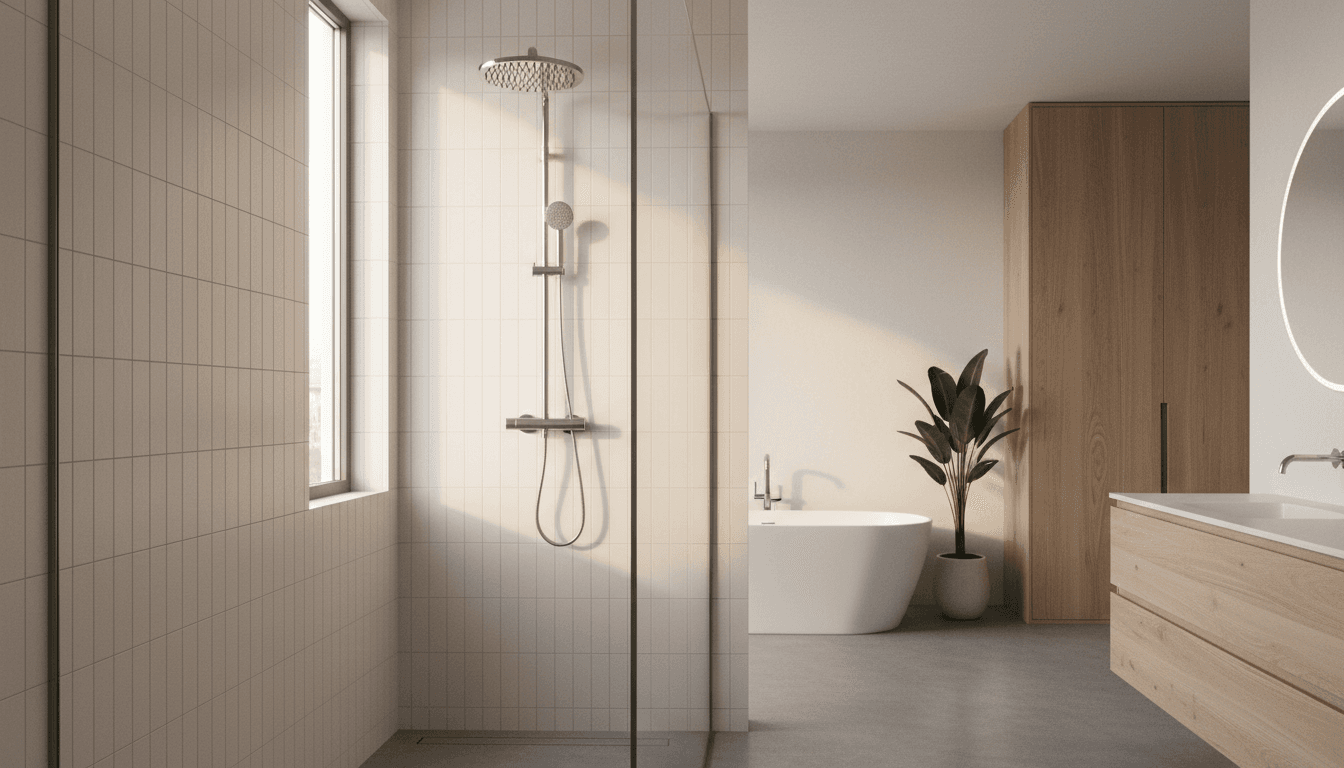 Walk-in shower with glass doors and modern rainfall showerhead