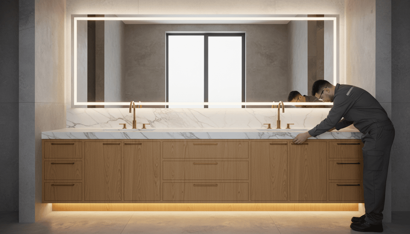 Dual vanity bathroom with integrated mirror lighting and contemporary design