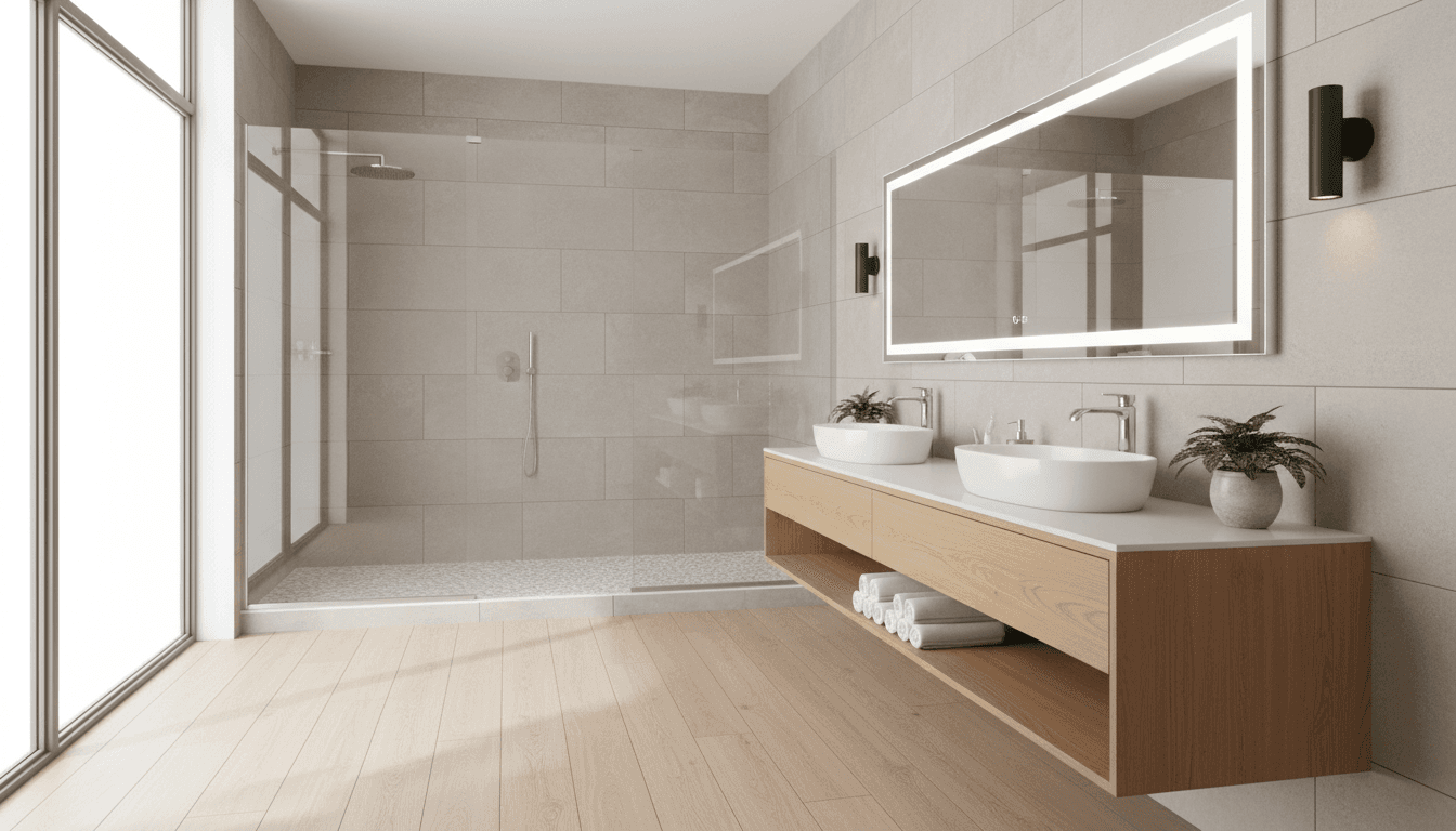 Modern bathroom remodel with white subway tile and contemporary vanity