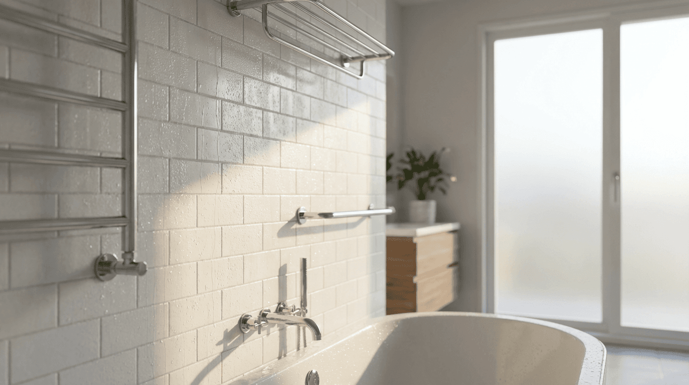 Modern bathroom with elegant fixtures and warm ambient lighting