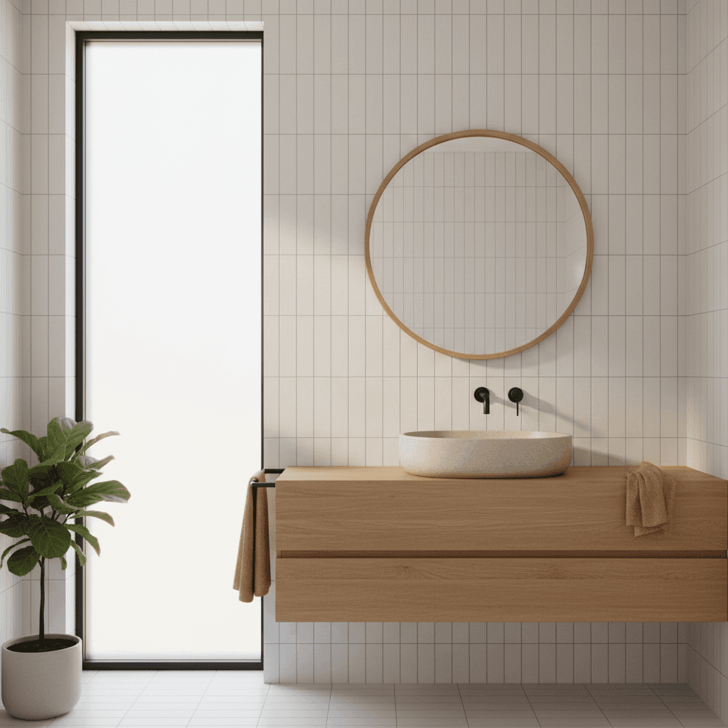 Bathroom with warm wood vanity and neutral tile flooring