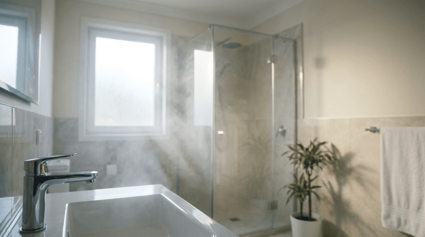 Modern bathroom interior with elegant vanity, mirrors, and contemporary fixtures